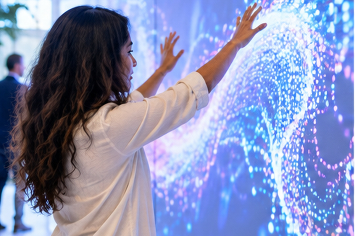 Attendee interacting with a gesture controlled projection wall