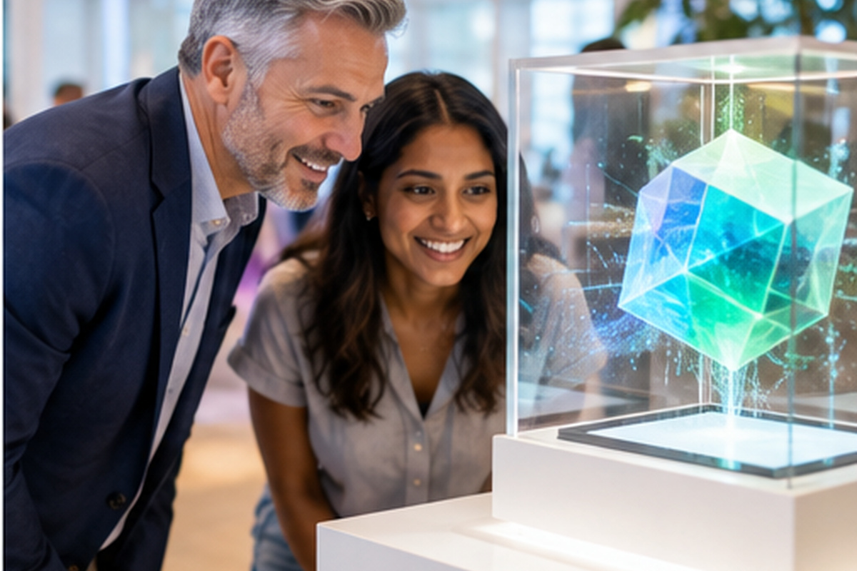 Attendees looking at a holographic display